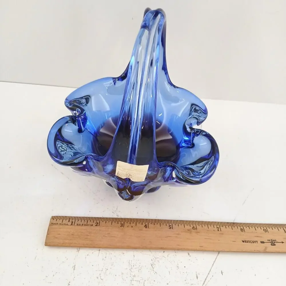 Crystal Clear Basket Hand Blown Art Glass Blue/Pink 7.5
